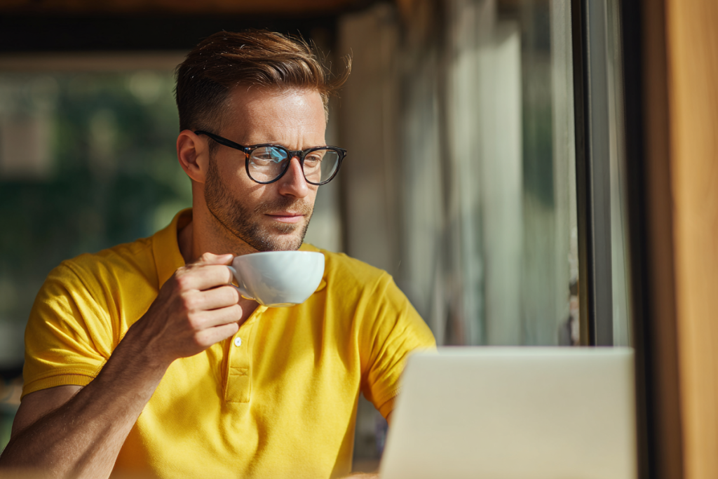 professional smiling while working on an invoice management interface with clear, user-friendly navigation and payment processing features.