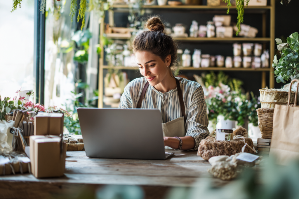 A smiling entrepreneur from AvocadoStore preparing packages for dispatch, with the EasyBill invoicing application open on the laptop.