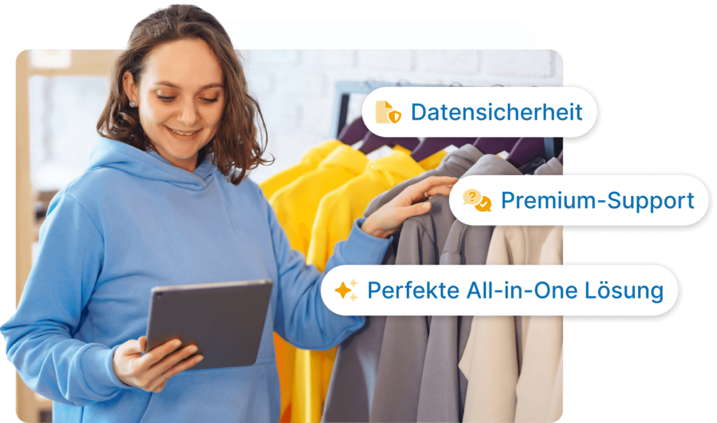 Online-Händlerin überprüft auf ihrem Tablet die Datensicherheit, Premium-Support und All-in-One Lösungen der Easybill Avocadostore Schnittstelle