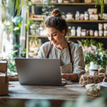 Fröhliche Unternehmerin bereitet Online-Verkaufspakete mit der Easybill Avocadostore Marktplatzschnittstelle auf ihrem Laptop vor