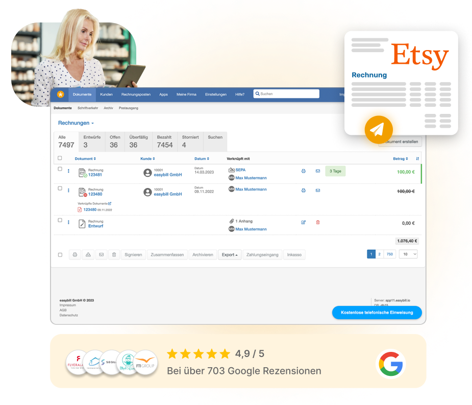 Screenshot der easybill Benutzeroberfläche mit Etsy Rechnungserstellung und Kundenbewertungen.