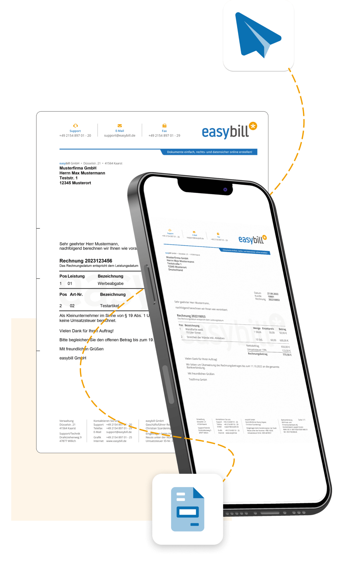 Smartphone und gedruckte Rechnung zeigen die flexible Rechnungserstellung von Easybill mit Kontaktinformationen und Belegvorschau
