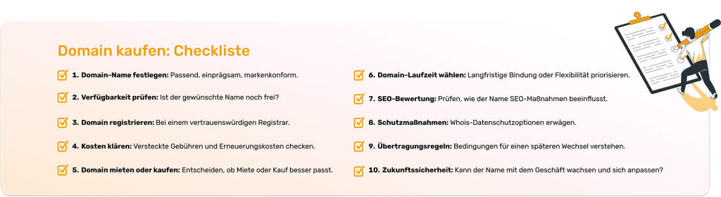 Eine übersichtliche Checkliste zum Thema 'Domain kaufen' mit zehn wichtigen Schritten, illustriert durch Häkchen und eine Figur mit einem Stift, die die Liste abhakt.