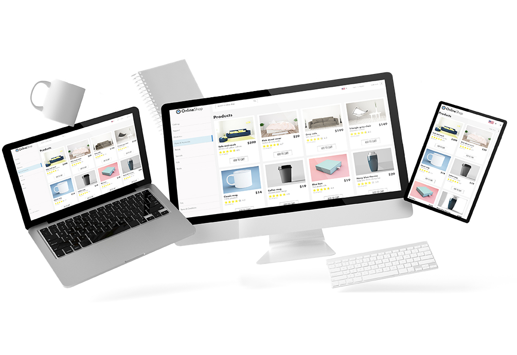 Responsive Design-Ansicht eines Online-Shops auf verschiedenen Geräten mit Laptop, Tablet und Smartphone
