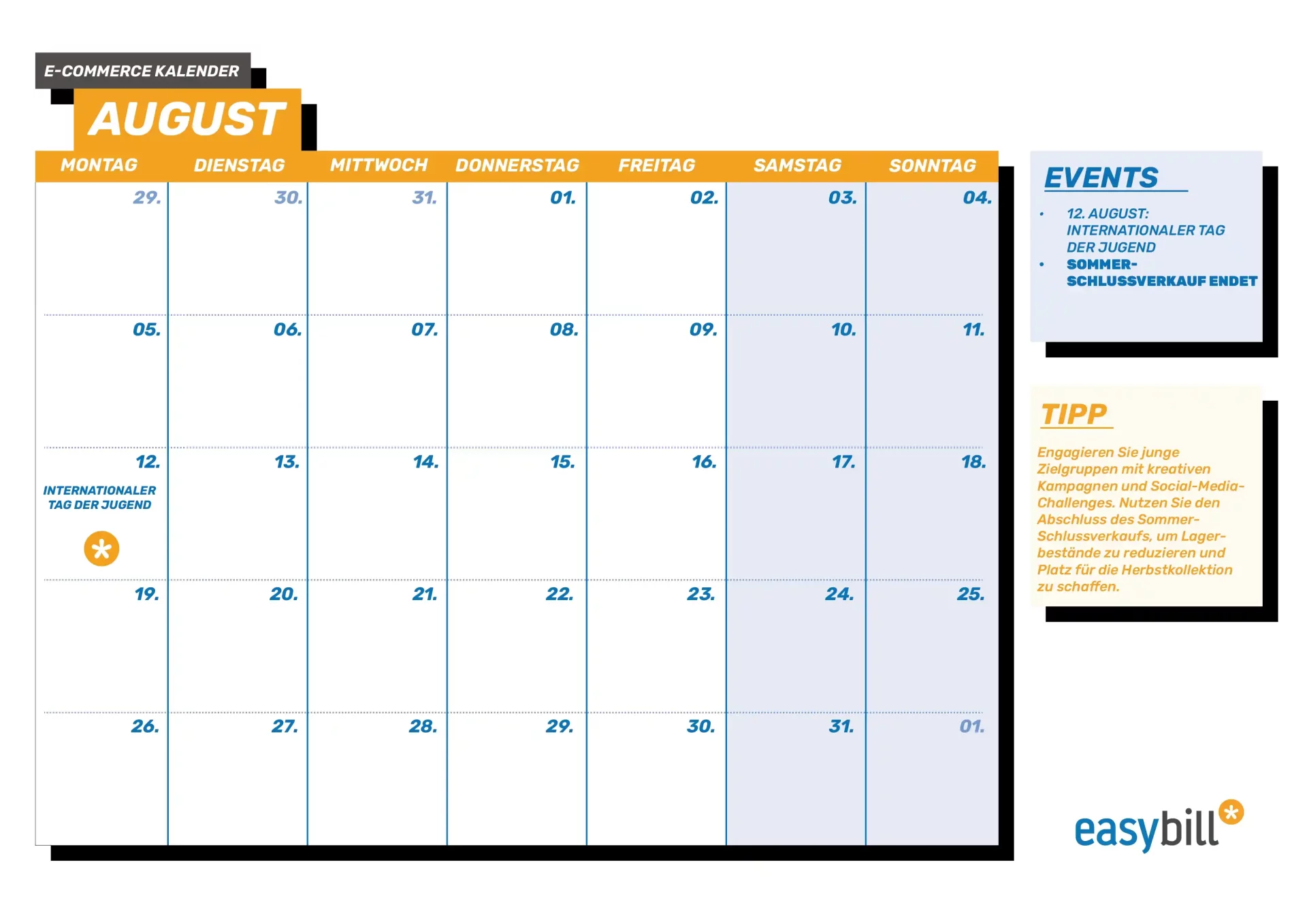 August-E-Commerce Kalender, konzentriert auf Back-to-School-Kampagnen und den Endsommerverkauf.