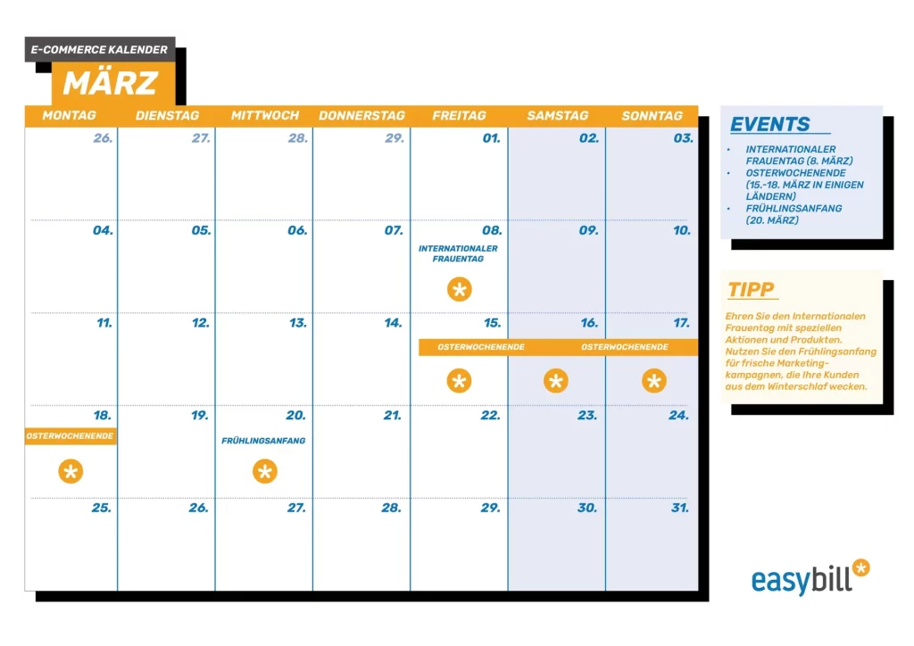 E-Commerce Kalender für März, der den Fokus auf Frühlingsanfang und die Einführung neuer Produktlinien legt