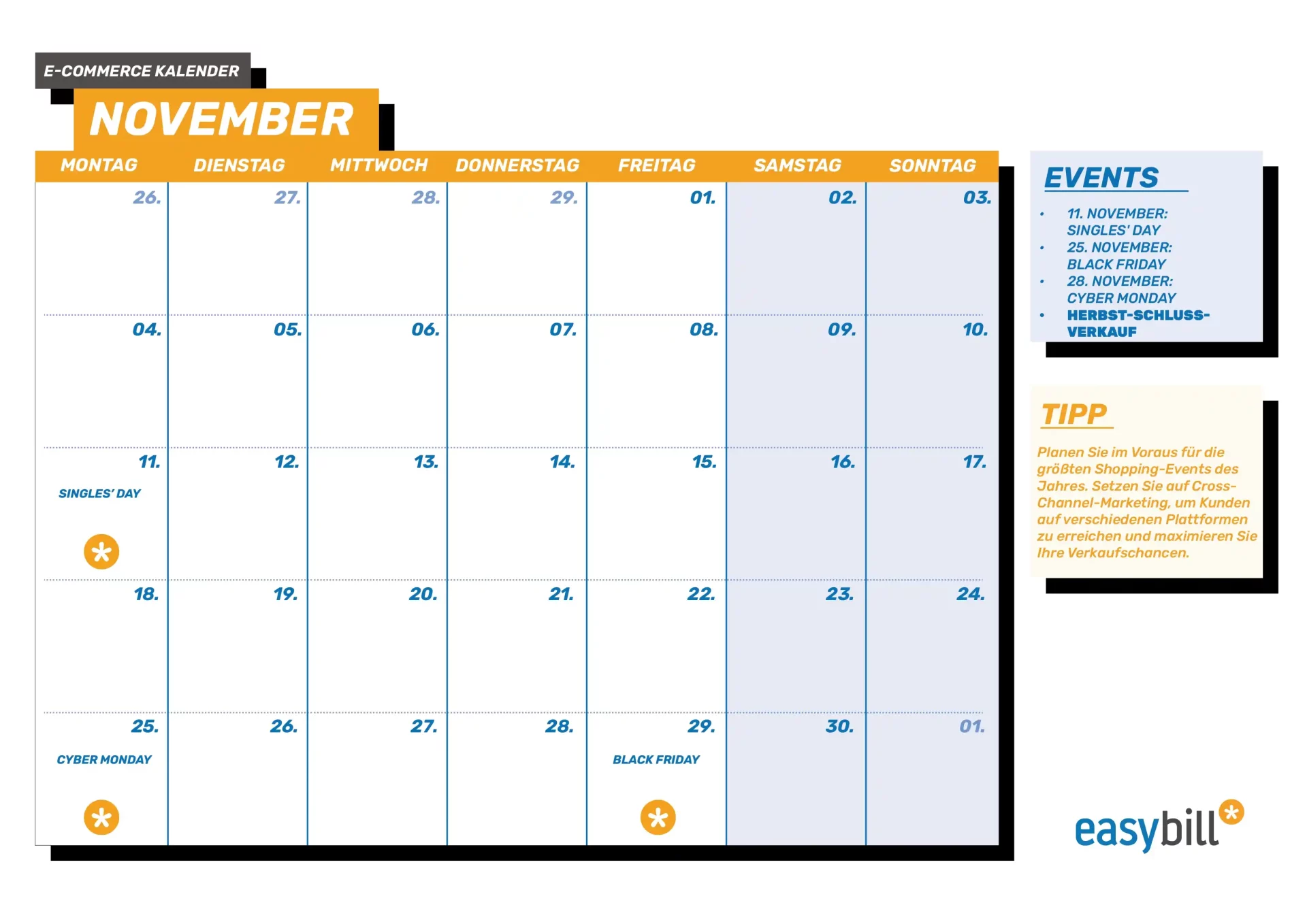 E-Commerce Kalender für November, unterstreicht den Singles' Day und Black Friday.