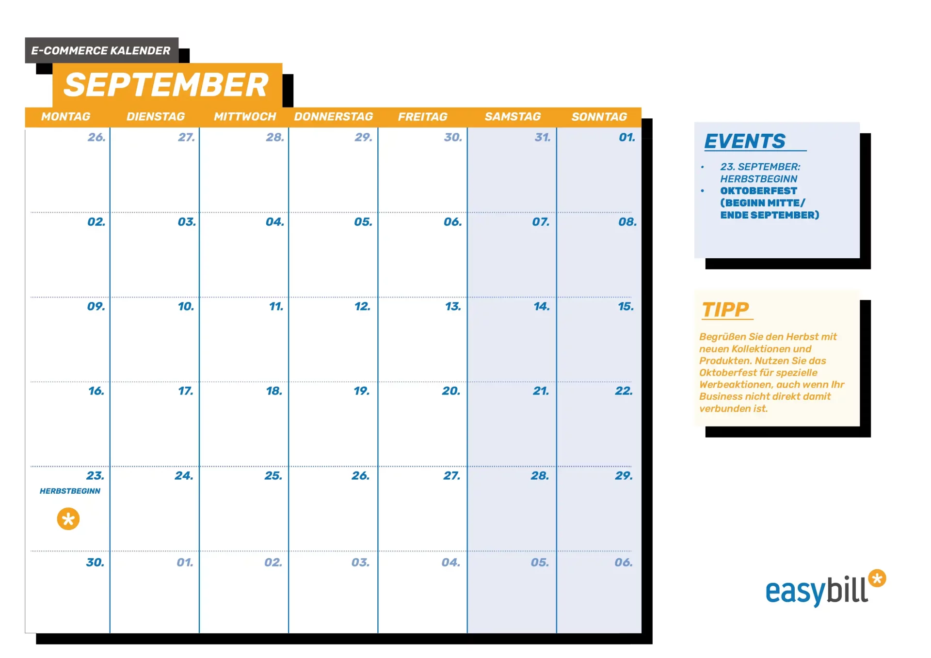 E-Commerce Kalender für September, der den Herbstanfang und die letzte Chance für Sommerartikel betont