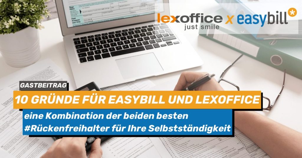 Headerbild für Gastbeitrag von Lexoffice für Top 10 Gründe Kombination von easybill und lexoffice