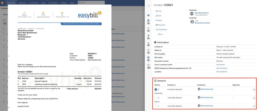Screeshot from easybill app for versioning of documents
