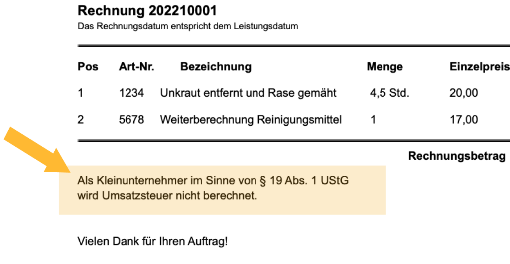 Muster einer Kleinunternehmer-Rechnung mit dem Hinweis 'Als Kleinunternehmer im Sinne von § 19 Abs. 1 UStG wird Umsatzsteuer nicht berechnet', verdeutlicht korrekte Rechnungsstellung ohne Umsatzsteuerausweis gemäß Kleinunternehmerregelung