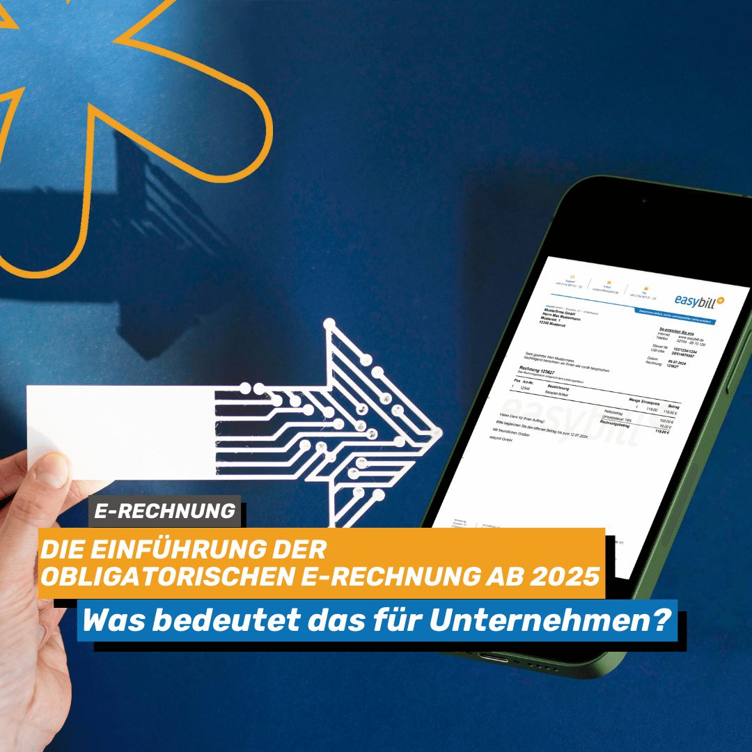 Foto von Papierrechnung auf Klemmbrett, Pfeil daneben, der auf E-Rechnung mit easybill Briefpapier verweist