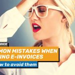 Header image blog on the topic of 6 common mistakes in e-invoicing, blonde woman in the background with white glasses, slapping her forehead with her hand