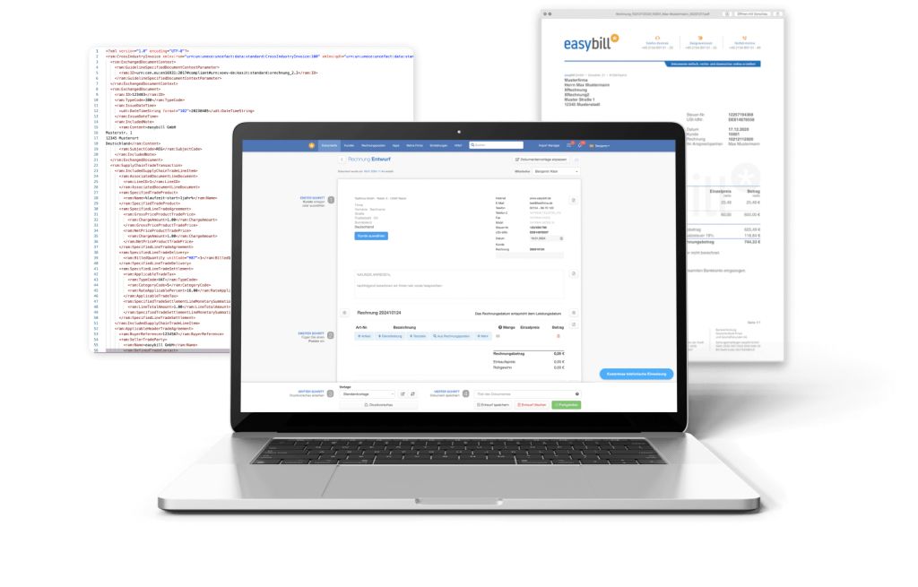 Ein Laptop, der den Easybill-Rechnungsentwurf anzeigt, flankiert von einer XML-Dateivorschau auf der linken Seite und einer fertiggestellten Rechnung auf der rechten Seite
