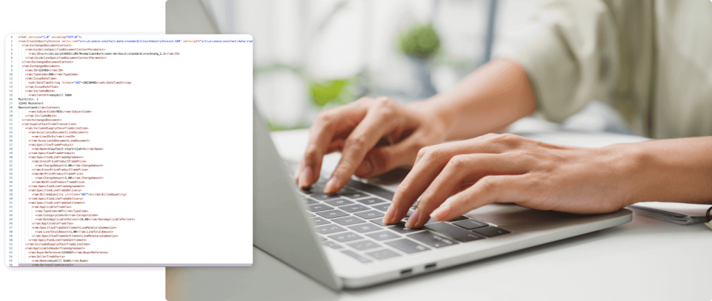 Person arbeitet an einem Laptop mit einer XML-Datei zur Erstellung einer XRechnung