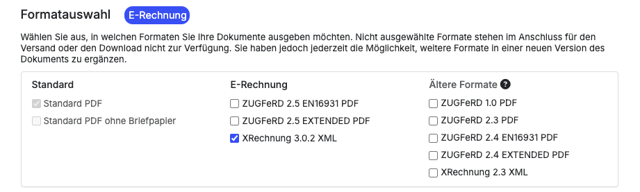 E-Rechnung Formate Auswahl in easybill
